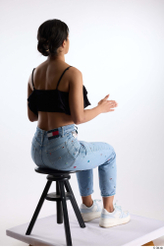 Whole Body Woman Casual Jeans Slim Sitting Top Studio photo references